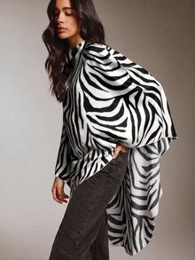 COSMINA Atasan Asimetris Motif Zebra Elegan Kasual Terbaru untuk Wanita - Hitam dan Putih - View 6