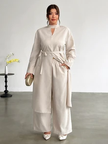 Firerie Apricot Extra Long Sleeve Small Stand Collar Top Straight Leg High Slit Waist Tie & Straight Leg Pants Plus Size Two Pieces Set/Elegant Teacher Workwe - Apricot - View 2