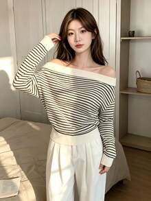 Tideelle 女款法式條紋慵懶休閒時尚露肩長袖衛衣 - 彩色 - 查看 3