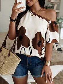 Louniche Off-Shoulder Floral Print Top, Beige & Navy Color Block Casual Blouse For Daily & Vacation - Multicolor - View 5