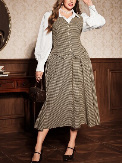 Auvina Vintage Houndstooth V Neck Single Breasted Vest High Waist A Line Full Skirt Set