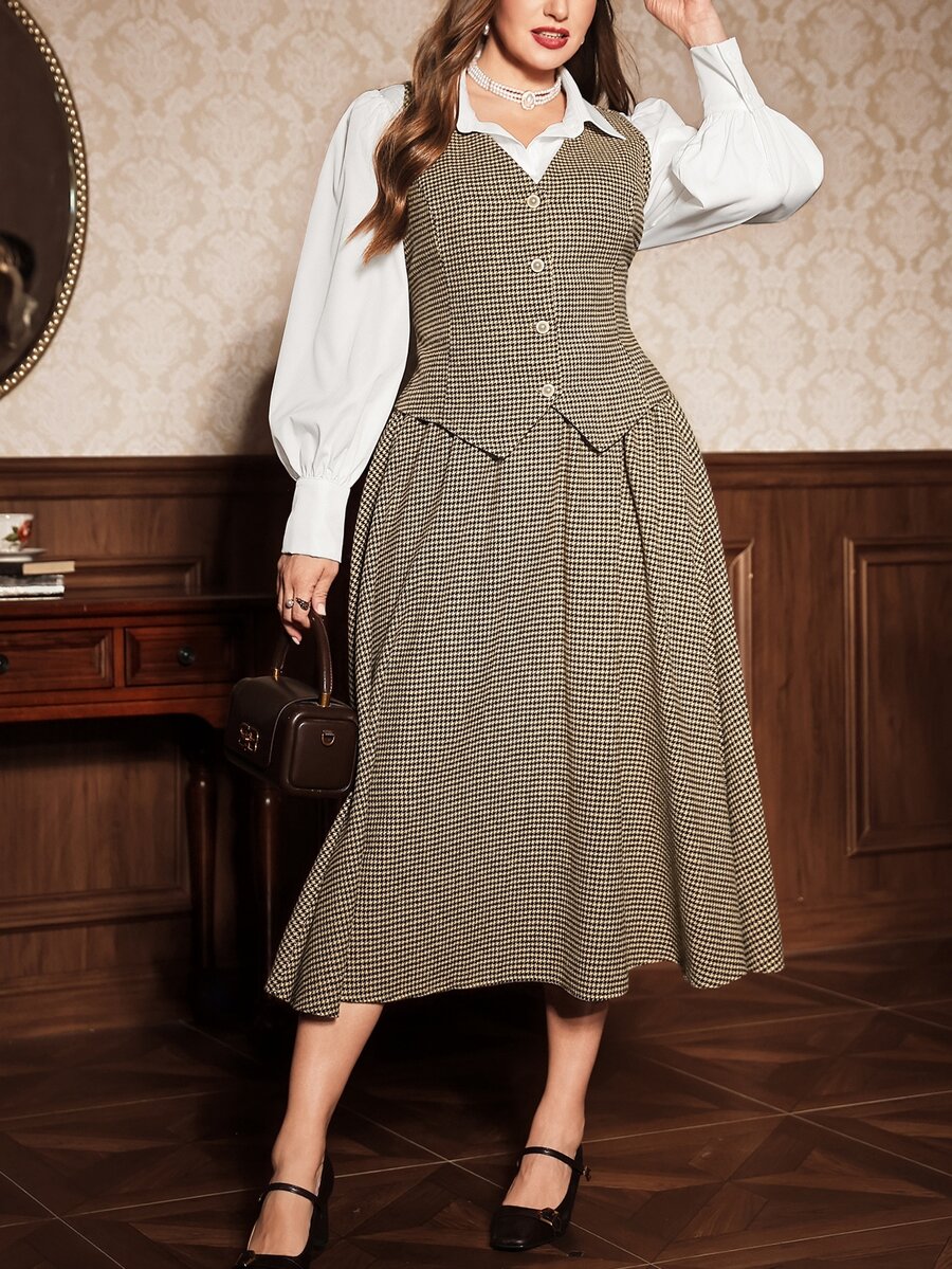 Auvina Vintage Houndstooth V Neck Single Breasted Vest High Waist A Line Full Skirt Set - Brown - View 1
