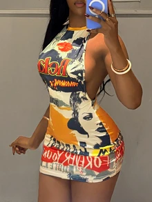 StreetHx Y2K Retro Collage Print Street Style Sexy Girl Outing Dress Halter Neck Open Back Design Slim Fit Bodycon Short Mini Skirt For Street Party - Apricot - View 3