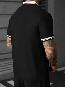 SLATEMANN Men's Colorblock Short Sleeve Polo Collar Loose Casual Daily Polo Shirt - Black - View 2