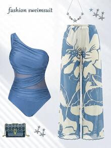 Swim Oasis 2026SS 春夏綠色波西米亞風優雅高端女款一體式套裝 度假海灘海邊休閒穿搭 - 霧霾藍 - 查看 2