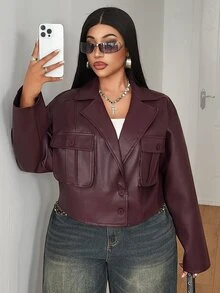 Maweii Plus Size Women's Autumn/Winter Plus Size Lapel Long Sleeve Jacket Cool Loose Fit - Burgundy - View 7