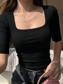 DAZY Women's Square Neck Short Sleeve Base Layer T-Shirt - Black - View 3