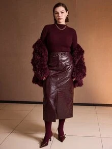 MOTF PREMIUM PLUS SIZE FRONT SLIT CROCODILE EMBOSSED PU STRAIGHT MID-LENGTH SKIRT AUTUMN/WINTER - Burgundy - View 1