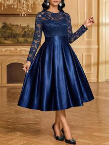 SHEIN Lady Women's Plus Size Elegant Party Dress Lace Patchwork Dress - Blue - View 7