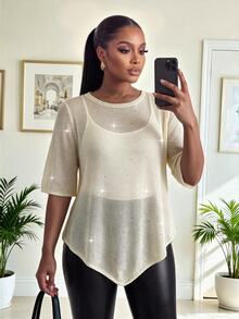 SHEIN Lady Plus Size Women's 5-Sleeve Round Neck Solid Color All-Match Versatile Knit Top - Khaki - View 1