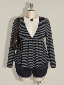 Women's Autumn/Winter New Hot-Selling Striped Print Pattern Casual Versatile Long Sleeve Plus Size T-Shirt - Multicolor - View 5