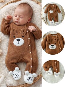 SHEIN 0-12M Unisex Baby Footed Jumpsuit, Bear Applique Patch Ribbed Knit Side Snap Long Sleeve , Spring Autumn Newborn Jumpsuit - Chocolate Brown - View 3