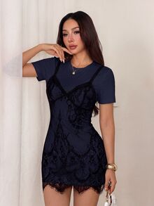 SHEIN PETITE 蕾絲 2 合 1 黑白短洋裝 - 藏蓝色 - 查看 5