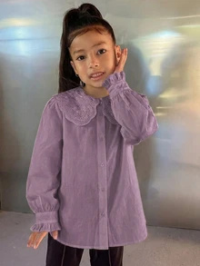 DAZY 青少年女孩秋季服飾蕾絲娃娃臉泡泡袖長袖甜美襯衫 - 紫色 - 查看 6