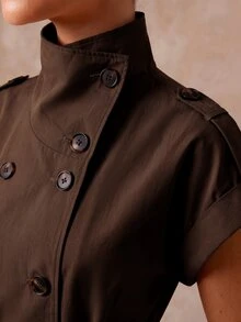 Lumalex Short Sleeve Loose High Neck Cinched Waist Women's Trench Coat Jacket - Brown - View 10