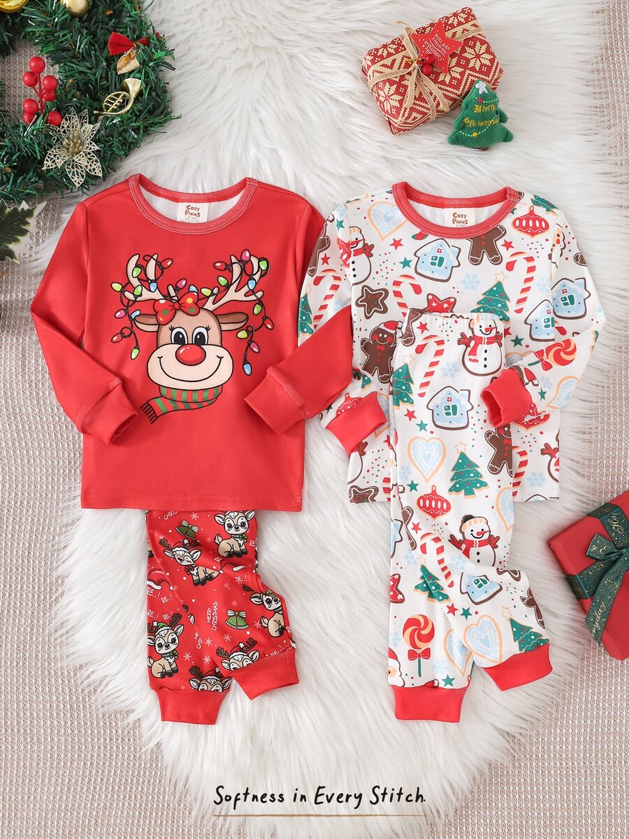 Cozy Pixies 4pcs Baby Girl Baby Girl Casual Christmas Red Reindeer Cute Christmas Pattern Print Crew Neck Pullover Long Sleeve Pajama Pants Knit Loungewear Set Tight 2 Pieces - Red - View 1