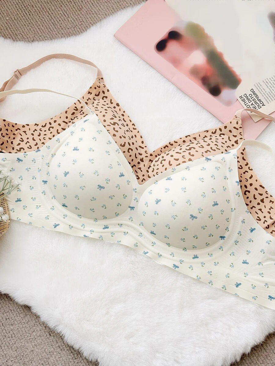 Livesso Set Bra Kombinasi Motif Leopard & Bunga 2 Potong, Tali Bahu Tipis, Bantalan yang Dapat Dilepas, Pakaian Dalam Wanita - MultiWarna - View 1