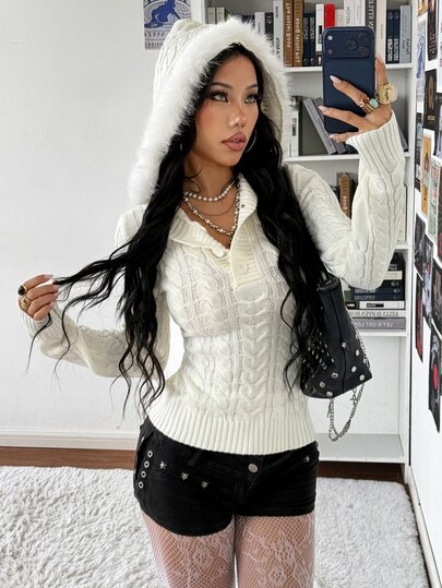 SHEIN HypeZone Top de malha ajustado para mulher, estilo minimalista street style, bege, com capuz, manga comprida, tricotado com tranças, em peluche, para outono/inverno