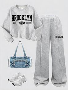 SHEIN 青少年女孩 2 件套休閒服飾，寬鬆版長袖秋季衛衣與運動長褲，保暖加絨內裡冬季套裝，海軍藍節日返校 Y2K 風格穿搭 - 灰色 - 查看 1