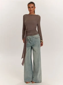 SHEIN BAE 2PCS Women Solid Tie Waist Long Sleeve Tops - Coffee Brown - View 4