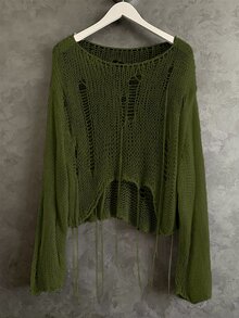 Sunspun Plus Size Women Solid Color Pure Desire Style Distressed Y2K Cropped Tassel Chunky Crochet Pattern Knit Sweater Pullover, Suitable For Spring Summer Autumn Outfits, Matching, Distressed Sweater - Army Green - View 1