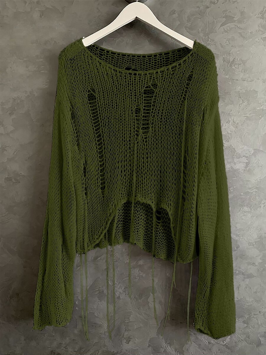 Sunspun Plus Size Women Solid Color Pure Desire Style Distressed Y2K Cropped Tassel Chunky Crochet Pattern Knit Sweater Pullover, Suitable For Spring Summer Autumn Outfits, Matching, Distressed Sweater - Army Green - View 1