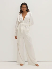 MUSEYN White Wrap Tie Drape Plunge Long Sleeve Blouse Classy Date Night Chic Evening Fall - Cream - View 3