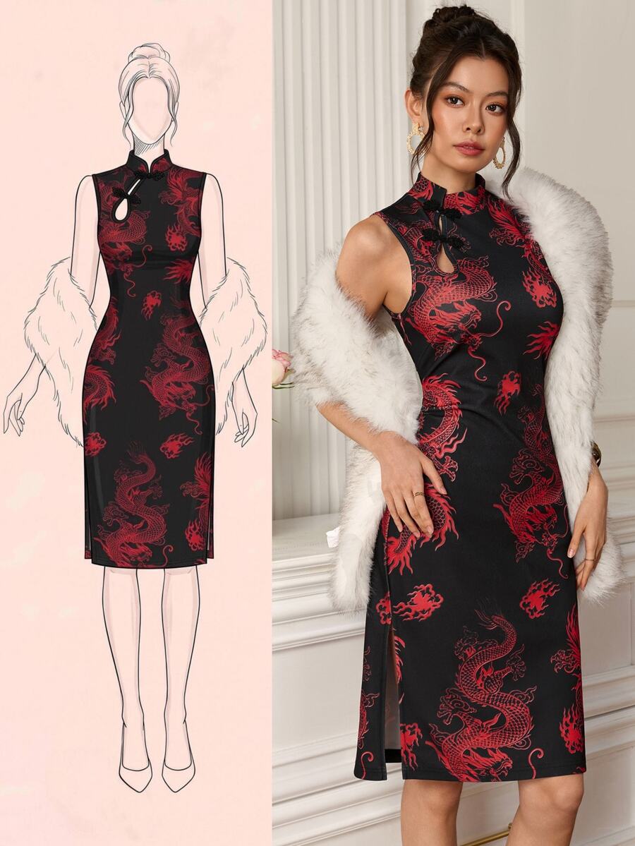 EastFlair Women's High Neck Fitted Dragon Pattern Sexy Short Cheongsam Dress - Red and Black - View 1