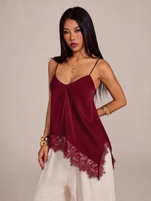 SHEIN PETITE 女款酒紅色蕾絲拼接無袖深V領露背細肩帶背心上衣 - 酒紅色 - 查看 4