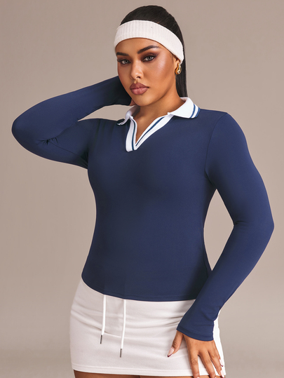 Rhythm Era Women's Plus Size Minimalist Colorblock Collar Long Sleeve T-Shirt