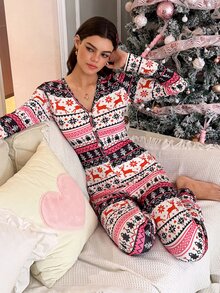 SweetSlumber Women's Christmas Fair Isle Knit Print Long Sleeve Pajama Jumpsuit - Multicolor - View 6