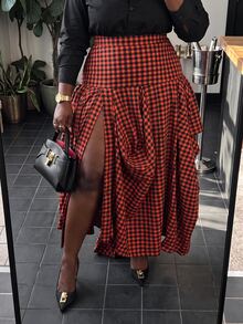 Slaydiva Plus Size Plaid High Slit Asymmetrical Pleated Midi Skirt - Orange - View 4
