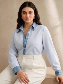 Anewsta Spring Summer Blue & White Striped Denim Patchwork Collared Casual Daily Commute Campus Plus Size Women's Shirt - Blue - View 3