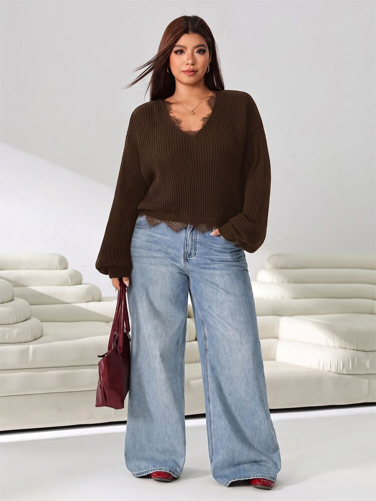 Solflare Plus Size Vintage Lace Patchwork Long Sleeve Pullover Sweater Winter - Chocolate Brown - View 7