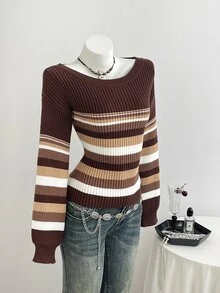 Elamini Minimalist Women's Autumn/Winter Brown Long Sleeve Asymmetric Shoulder Cold Shoulder Striped Fitted Knit Sweater Top - Brown - View 3