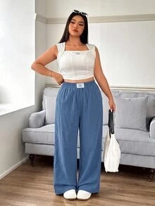 SHEIN EZwear Plus Size Women's Casual Daily Travel Pants With Pockets - Dusty Blue - View 4