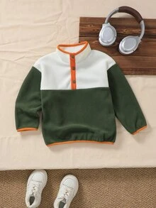 男童淺綠色紋理立領長袖半開襟衛衣，可愛設計 - 軍綠色 - 查看 5