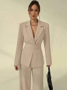 Aloruh 女款純色翻領長袖夾克與長褲休閒套裝 - 杏色 - 查看 3