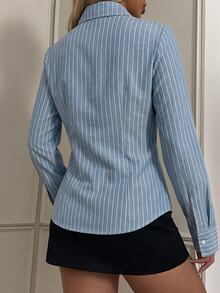 SHEIN EZwear 女款藍白條紋長袖修身顯瘦優雅時尚白色刺繡馬頭通勤商務襯衫 - 藍白色 - 查看 2