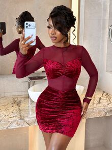 BamGleam Women's Solid Color Contrast Mesh Long Sleeve Ruched Slim Fit Sexy Dress - Burgundy - View 1
