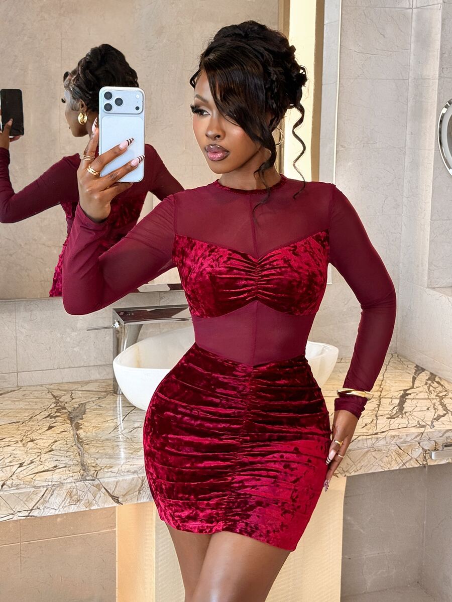 BamGleam Women's Solid Color Contrast Mesh Long Sleeve Ruched Slim Fit Sexy Dress - Burgundy - View 1