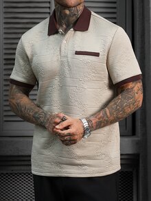 EGENSIO 男士復古壓花提花對比色口袋隱約圖案POLO衫 休閒短袖對比領寬鬆版型 - 卡其色 - 查看 7