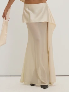MUSEYN Rok Maxi Asimetris Model Ekor Ikan dari Satin Krem dan Gorganza, Elegan untuk Kencan Malam, Chic, dan Musim Gugur. - Krem - View 2