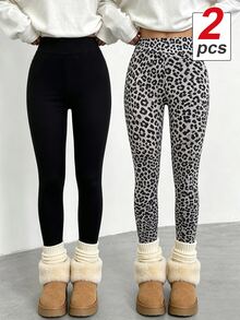 SHEIN Teen Girls Black + Leopard Print Leggings 2pcs Set, Elastic Comfortable Casual Versatile, Suitable For All Seasons - Multicolor - View 1
