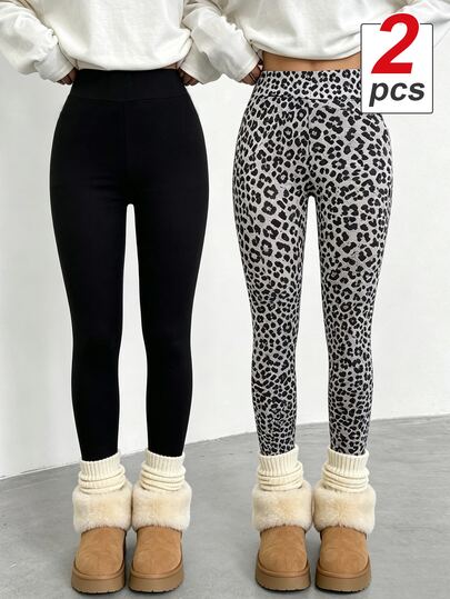 SHEIN Teen Girls Black + Leopard Print Leggings 2pcs Set, Elastic Comfortable Casual Versatile, Suitable For All Seasons