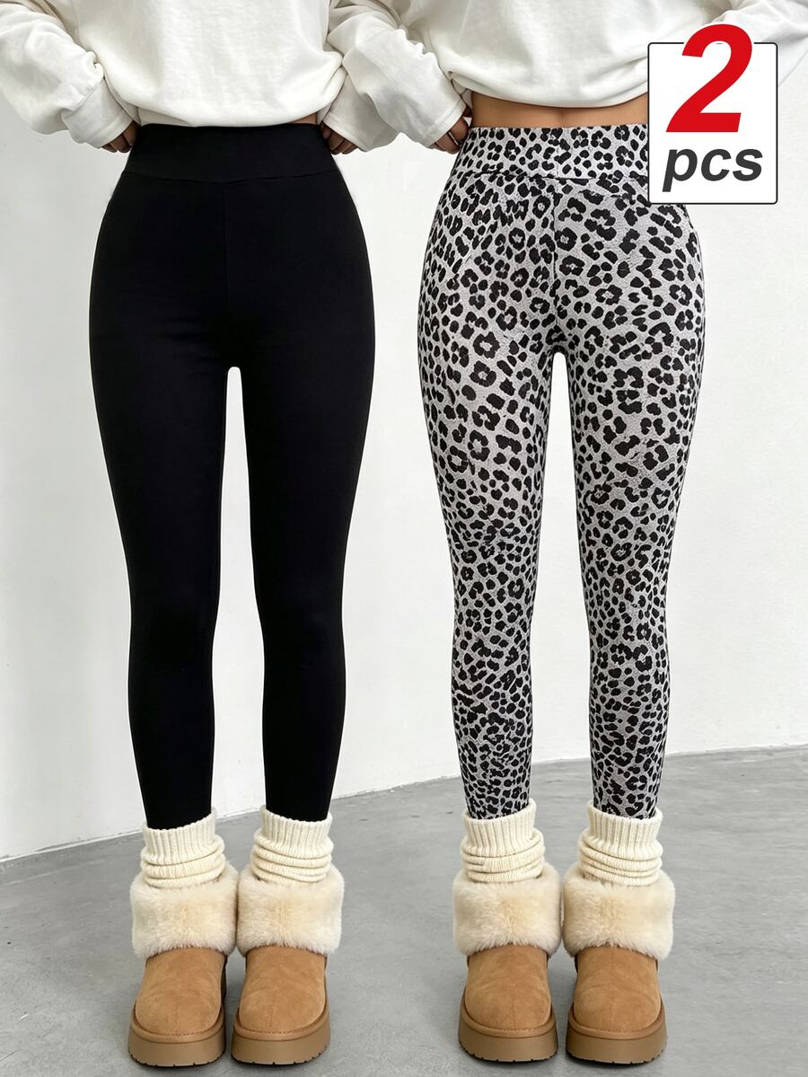 SHEIN Teen Girls Black + Leopard Print Leggings 2pcs Set, Elastic Comfortable Casual Versatile, Suitable For All Seasons - Multicolor - View 1