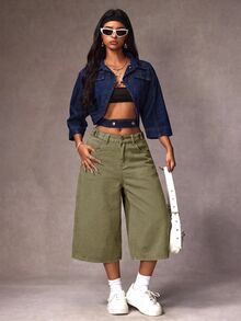 SHEIN EZwear 1pc Solid Wide Leg Crop Jeans - Army Green - View 6