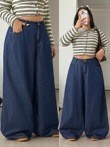 Flexra Festival Plus Size Women Blue Non-Stretch Loose Sexy Wide Leg Denim Jeans - Dark Wash - View 7