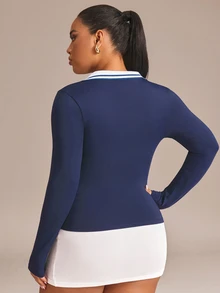 Rhythm Era Women's Plus Size Minimalist Colorblock Collar Long Sleeve T-Shirt - Navy Blue - View 2