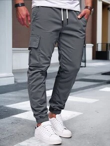 Manfinity CasualCool 男士成熟休閒黑色多口袋工裝束口慢跑長褲 - 深灰色 - 查看 4